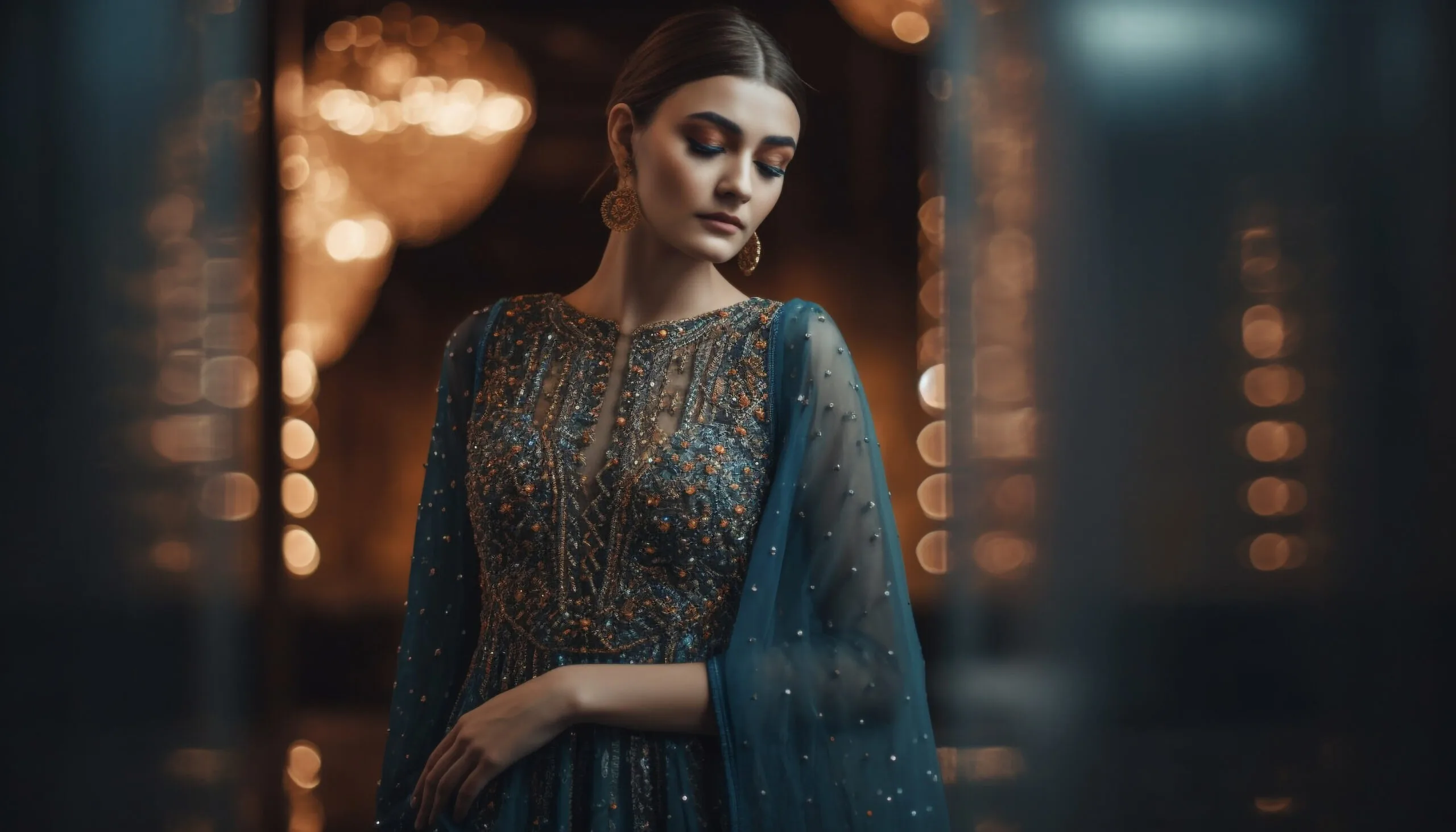 One elegant fashion model, standing outdoors, looking at camera confidently generated by AI