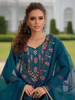 Blue Embroidered Tulip Dhoti Kurti Set